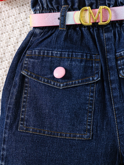 [Casual Joy] Girls' High-Waist Stretch Denim Shorts with Adjustable Belt - Comfy & Casual with Pockets, Ideal for Spring/Summer/Fall, Playful Youngsters Apparel|Cute & Durable Fabric