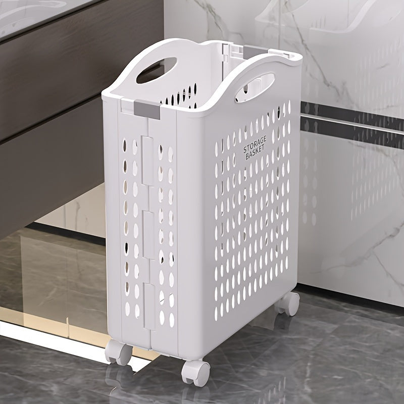 One piece of a large collapsible wheeled laundry basket made of portable plastic, perfect for dorms and bathrooms. Ideal for storing dirty clothes and other laundry items.