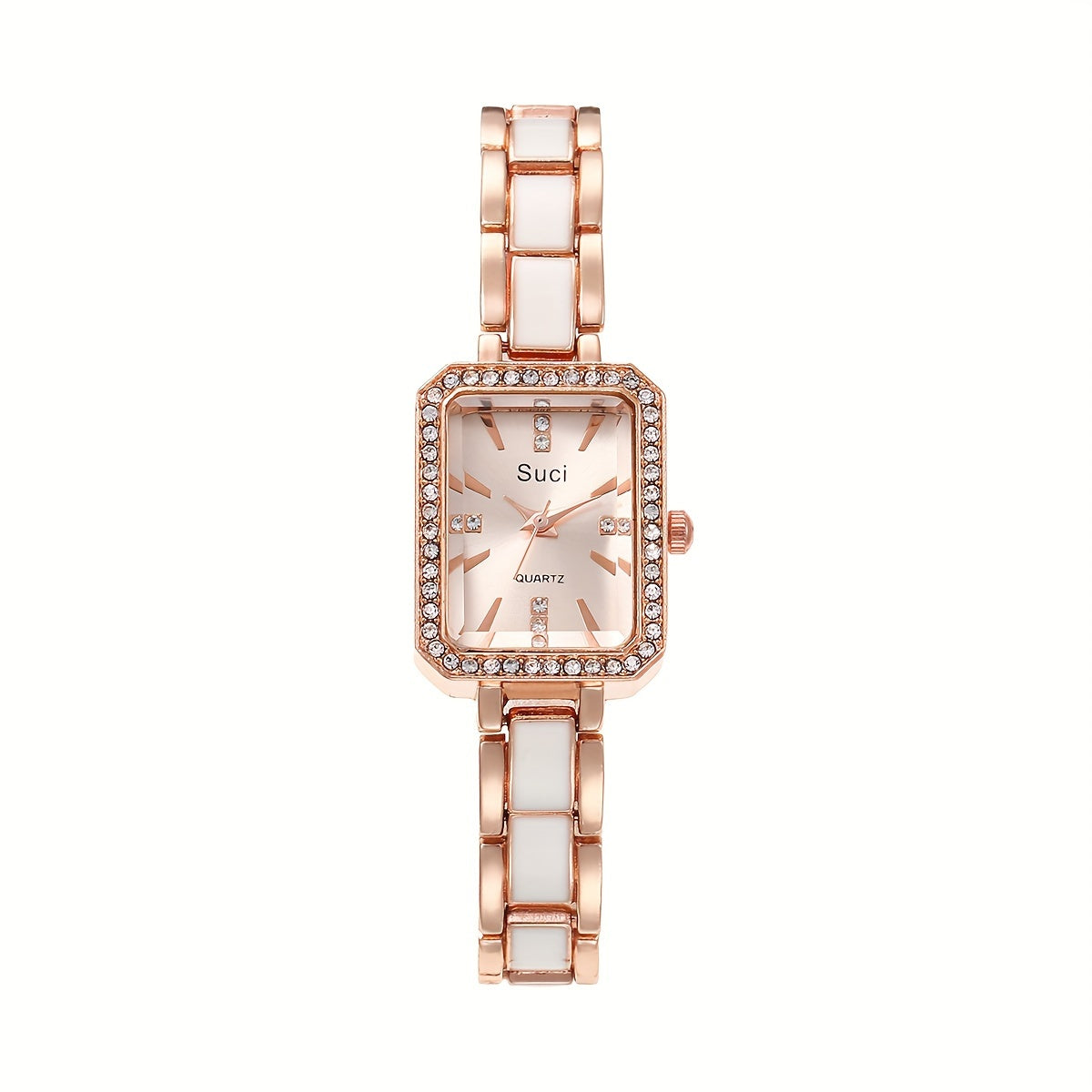 Chic square crystal luxury women's watch with minimalist design, quartz movement, zinc alloy strap, ideal Ramadan gift.