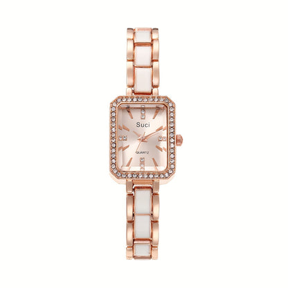 Chic square crystal luxury women's watch with minimalist design, quartz movement, zinc alloy strap, ideal Ramadan gift.