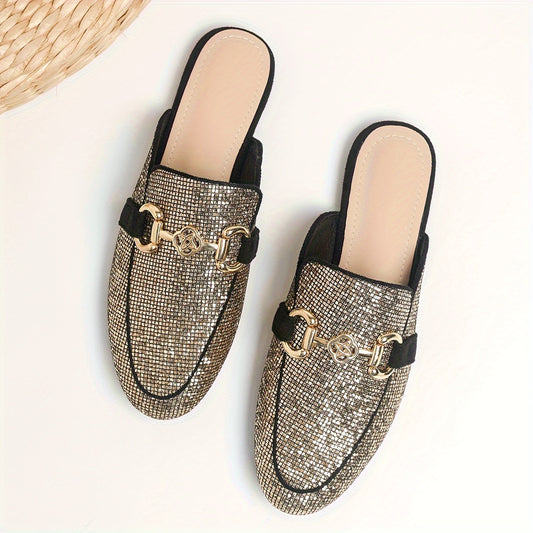 Golden sequin mules with metallic buckle, almond toe, faux leather upper, rubber sole. Perfect for summer fashion.