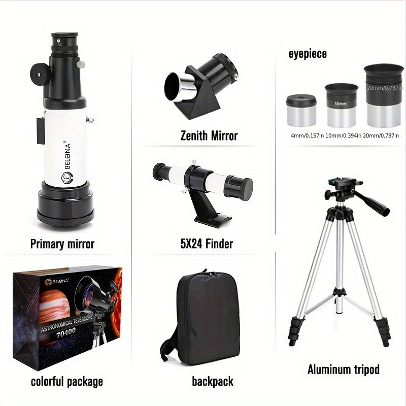 Adults' 70mm aperture 400mm AZ telescope for astronomy. Ideal for beginners and stargazing. Includes smartphone adapter and wireless remote.