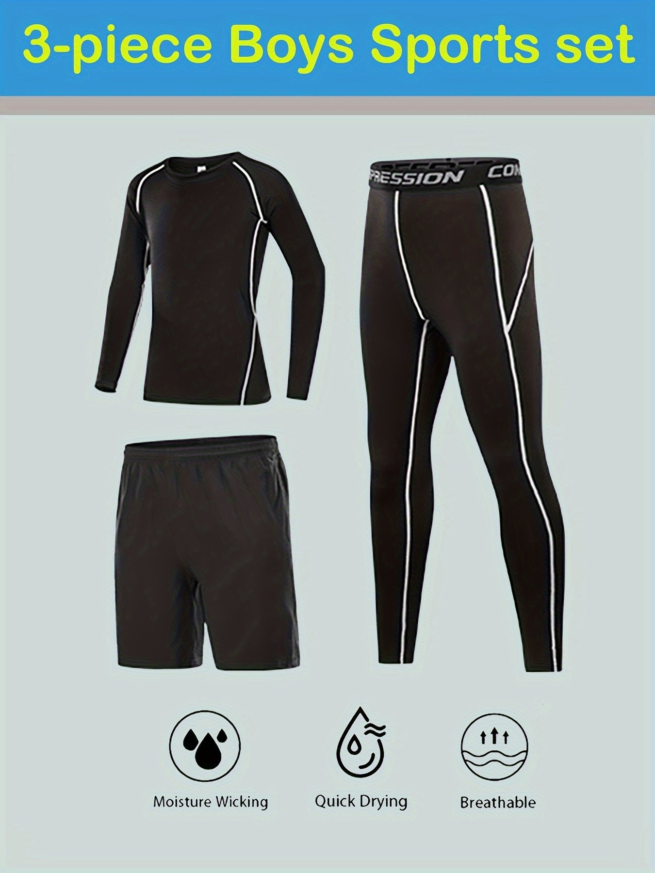 Boys' 3-piece athletic set with top, leggings, and shorts.