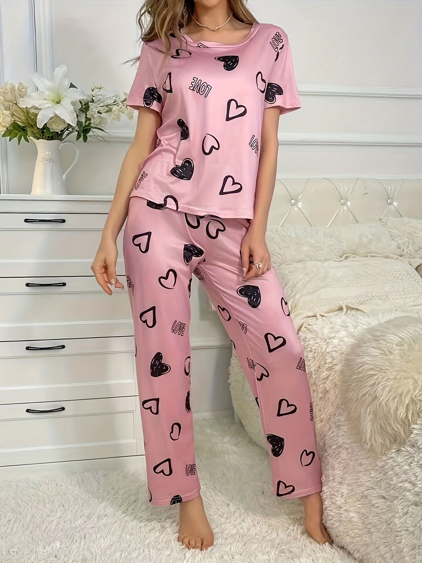 Valentine's Day Pajama Set: Heart & Letter Print, Short Sleeve Top & Elastic Pants, Women's Sleepwear & Loungewear.