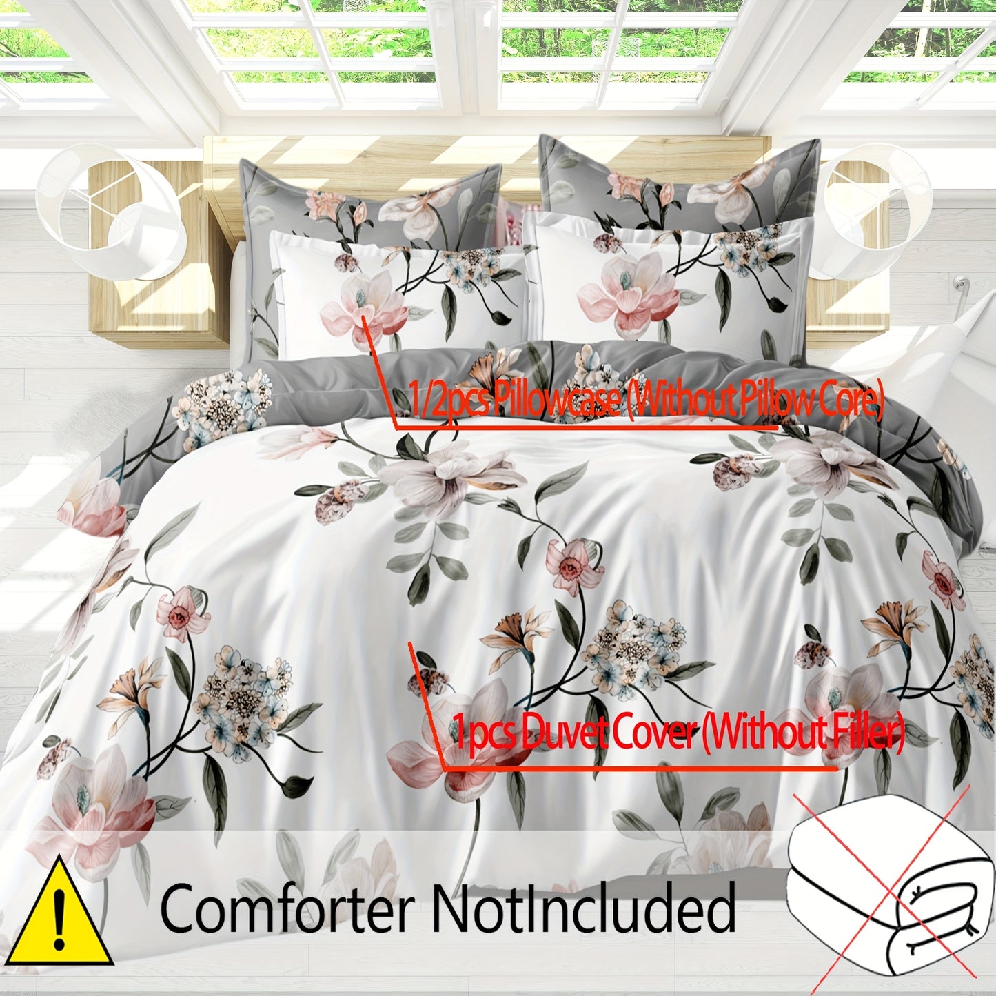 Two-color, two/three piece set of flower-themed bedding for bedroom and guest room. Soft, comfortable, and skin-friendly fabric.