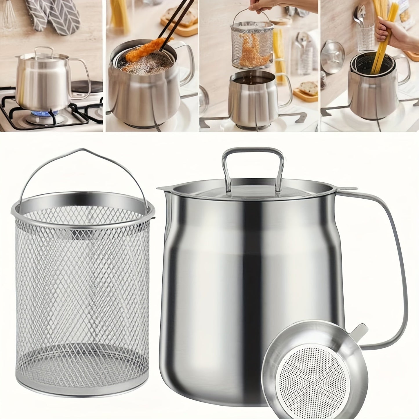 Large Capacity Oil Strainer Pot Set with Dust Cover and Fine Mesh Filter - 3 Pieces of 304 Stainless Steel - Kitchen Grease Keeper with Leakage Net for Fat Filtering, Storage, and Reuse - No Electricity Required