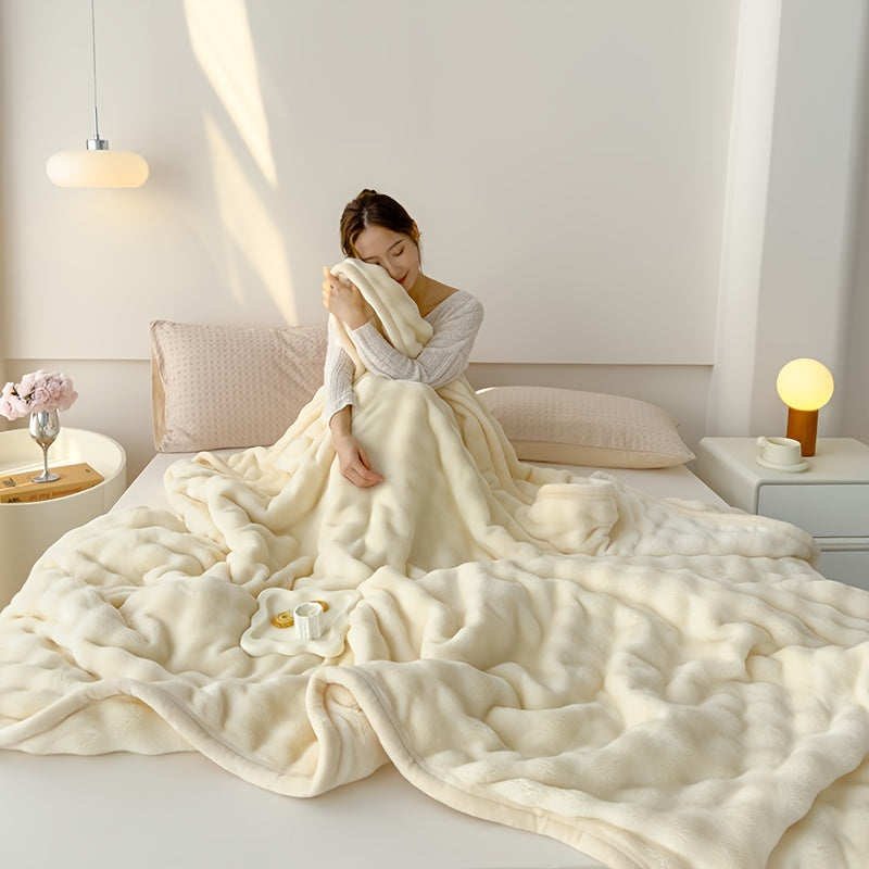 High-quality luxury blanket made of thickened material, featuring rabbit velvet bubble design. This breathable and skin-friendly blanket provides excellent warmth. It is crafted with active printing dyeing technology and is machine washable. Perfect for