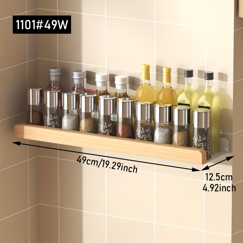 Wood and metal kitchen spice rack with hooks. Wall-mounted for modern style and efficient storage. Multifunctional shelf for kitchen accessories. Hardwood organizer for spices without the need for electricity.