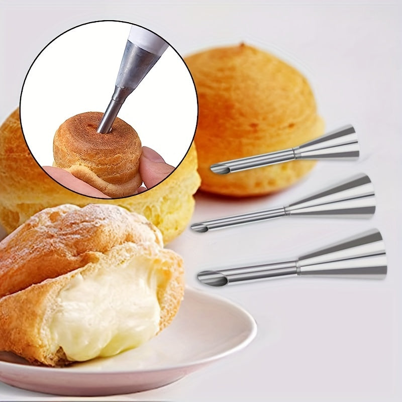 Professional Stainless Steel Long Cream Puff Nozzle Decor Set with 3 Pieces of Cream Icing Piping Nozzle Tips, Small Pastry Icing Piping Decorating Tools, Baking Supplies, and Kitchen Items