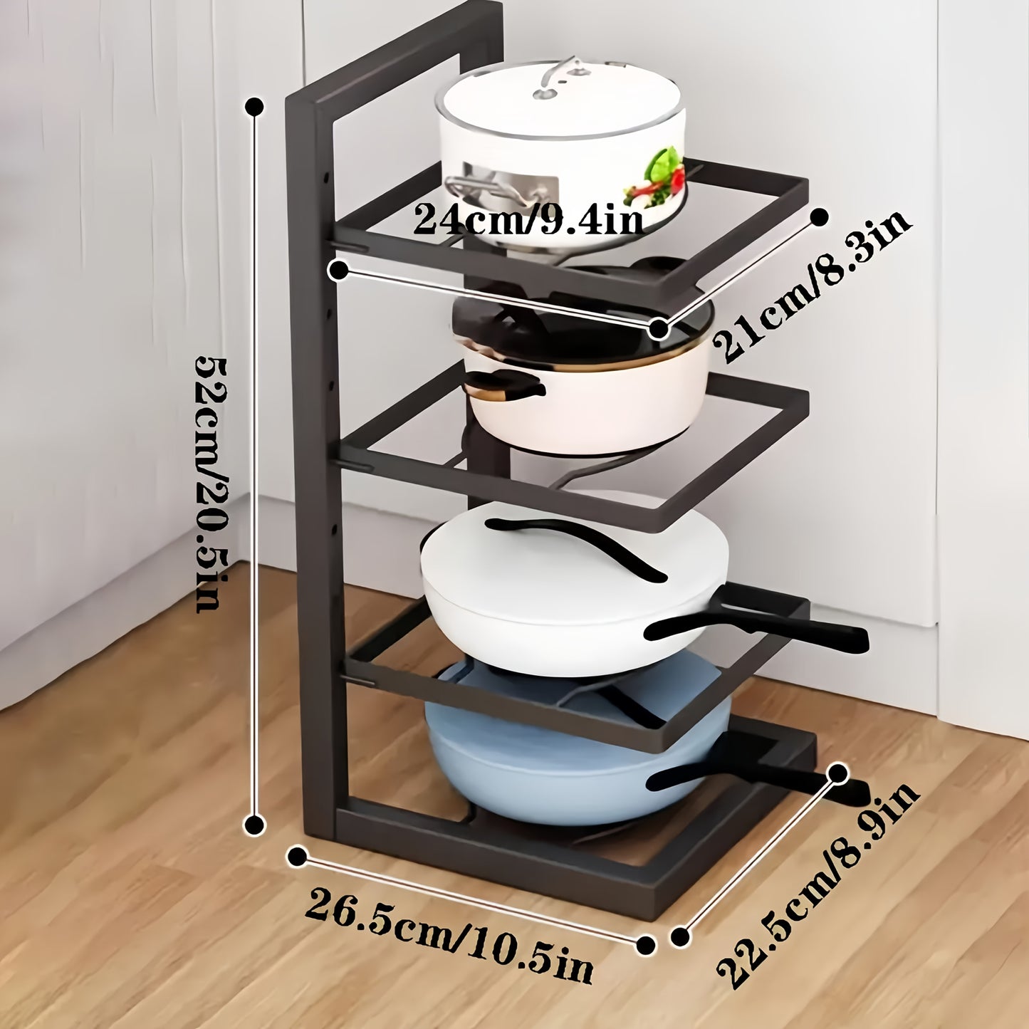 Height adjustable pot racks, stainless steel sink under pot and pan storage, multi-layer cabinet shelves, dining room kitchen storage tables.