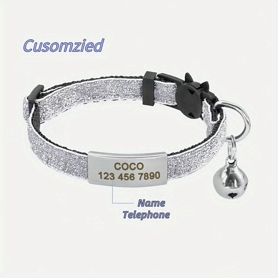 Personalized cat collar with bell, custom engraved ID tag, adjustable anti-suffocation design, suitable for kittens and puppies.