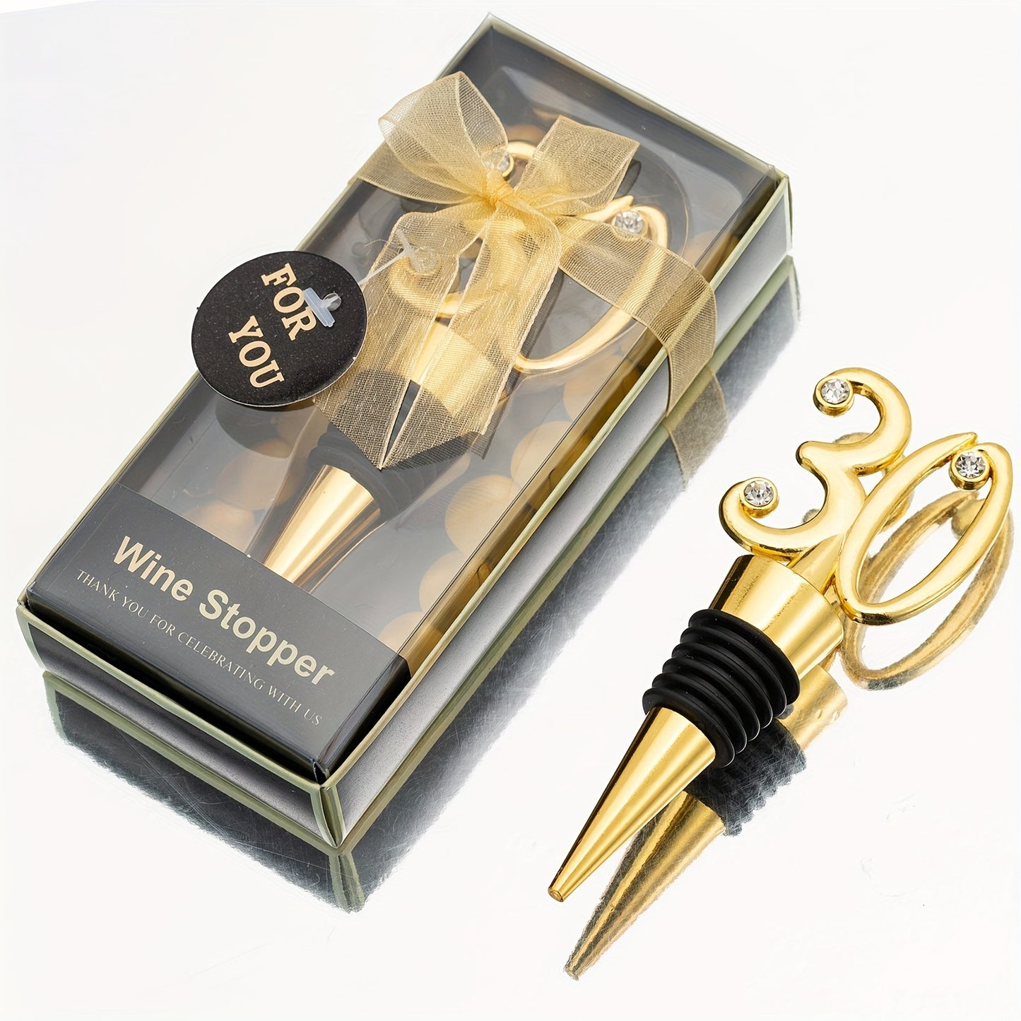 Elegant golden wine stoppers with gemstone accents - perfect for anniversaries, birthdays, holidays, and gifts for wine lovers. Made of zinc alloy.