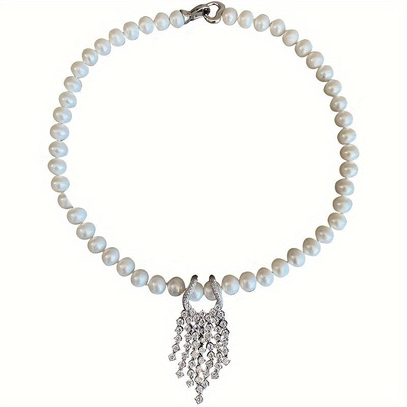 Sophisticated Tassel Necklace featuring Freshwater Pearls and Zirconia - Stylish Collar Necklace with Distinctive Imperfections, Ideal for Formal Events and Everyday Wear, Comes in a Beautiful Gift Box