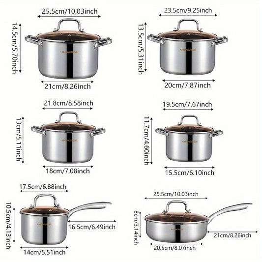 Get cooking with the 12-piece Stainless Steel Cookware Set! This set includes 4 pots, 1 frying pan, 1 saucepan, and 6 lids. With universal compatibility and even heat distribution, this set is perfect for a variety of uses. The large capacity makes it