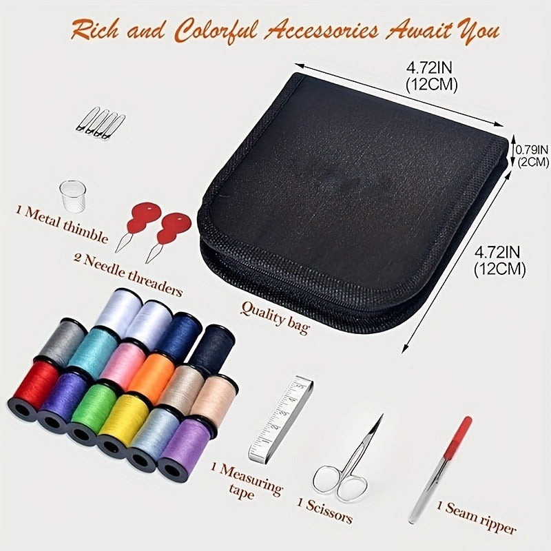 Compact black travel sewing kit with threads, needles, scissors, and accessories for quick repairs and DIY projects. Perfect for holidays.