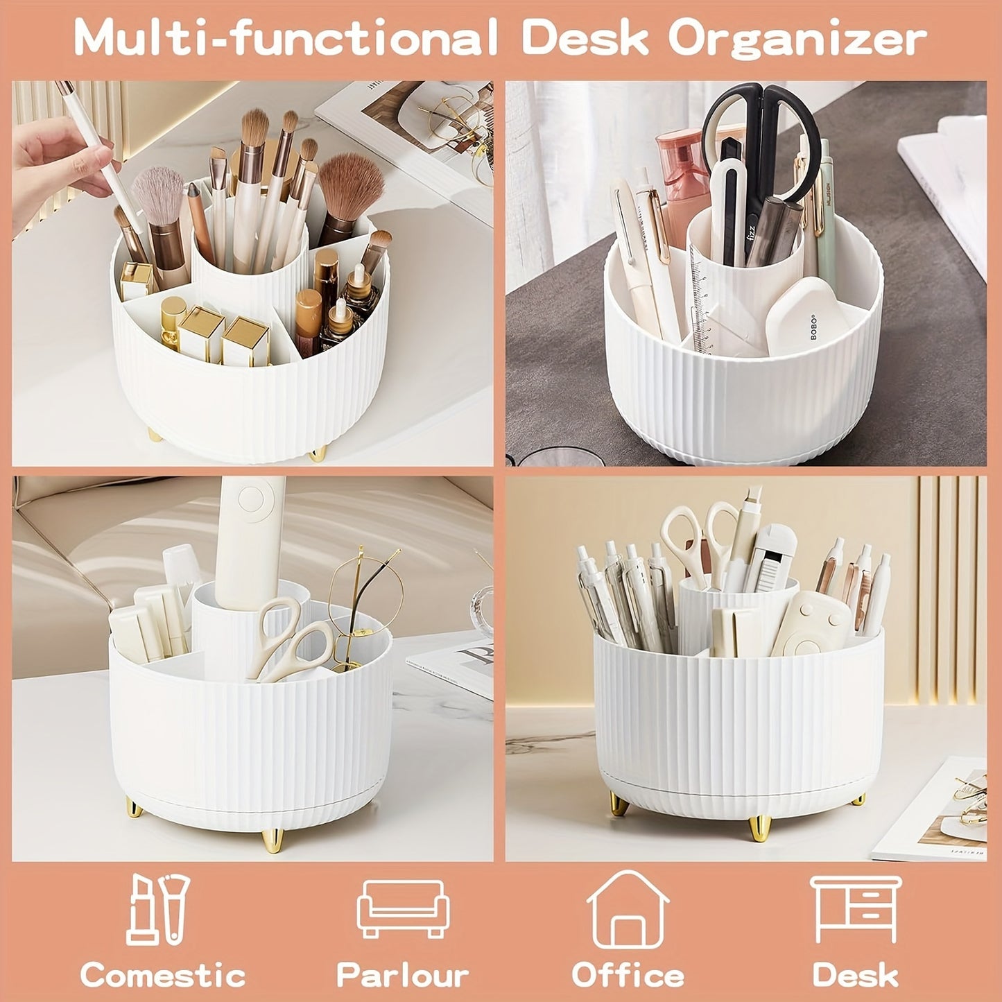 Makeup brush organizer with 360° rotation and 5 compartments for brushes, lipsticks, and stationery. Made of hypoallergenic plastic.