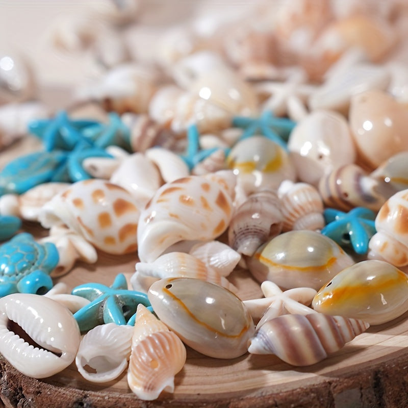 Set of 65 natural shell charms in different sizes for creating your own jewelry, includes shells, starfish, and turtle charms with hand-drilled holes for making bracelets, necklaces, earrings, anklets, and accessories.