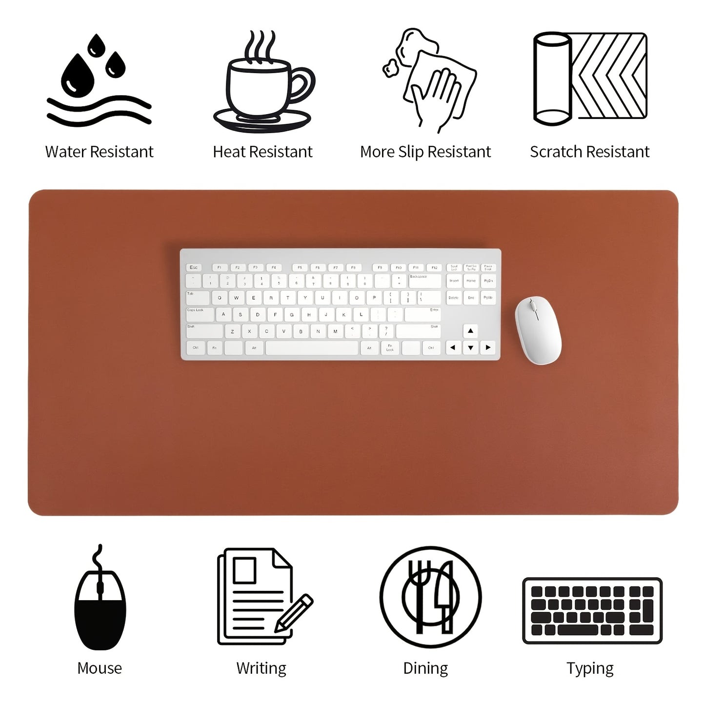 Waterproof faux leather desk pad with anti-slip surface for office and home use. Measures 59.99 x 32.99 cm. Rectangular mouse pad for workspace protection. Sleek and easy to clean design.