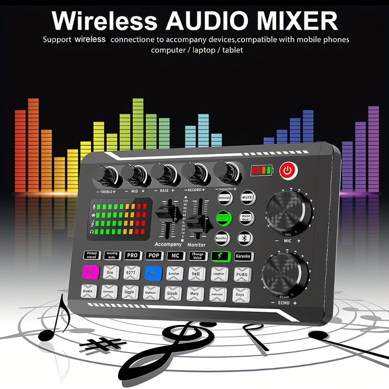 USB-powered live sound card with audio interface, DJ mixer effects, voice changer, rechargeable 1200mAh lithium battery, for streaming, podcasting, gaming - studio equipment.