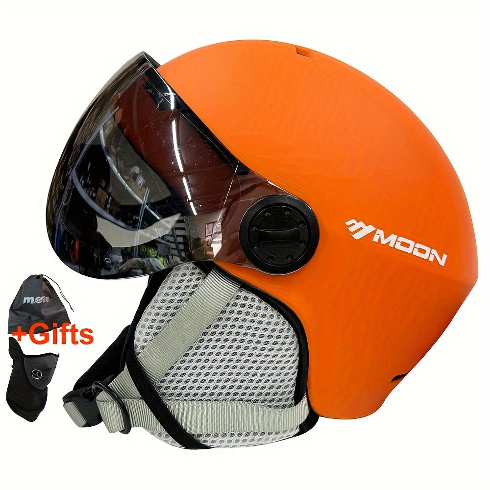 Moon Ski Helmet with Goggles offers all-around protection for outdoor sports like snowboarding and skateboarding. Features include a PC+EPS construction, universal fit, integrated visor