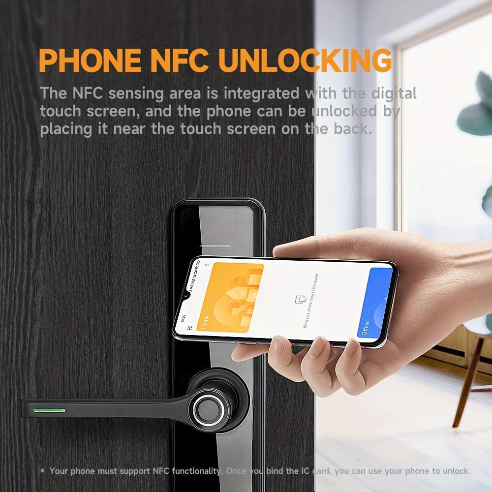 The SUMUS Smart Door Lock is a keyless entry, front door lock made of aluminum alloy. It is universal, battery powered, with Wi-fi, and includes an app and keypad. Shock-resistant but