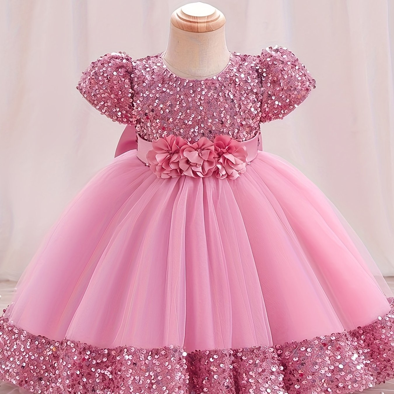 Sparkling gown dress with 3D flower decor and sequins, perfect for weddings, birthdays, and parties.