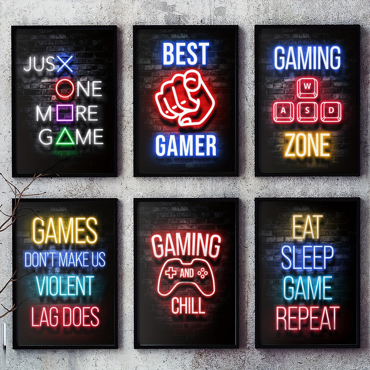 Set of 6 Modern Art Design Neon Style Wall Posters Featuring Video Gamer Quotes, Frames Not Included, Perfect Gifts for Room Decor, Playroom or Bedroom, A4 size 11.4"x8.3" (29x21cm)