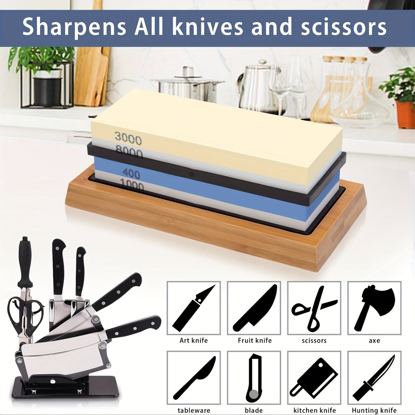 Knife sharpening kit includes 8 pieces, complete with a whetstone, bamboo holder, angle guide, and faux leather strop. Ideal for use in the kitchen and dining room.