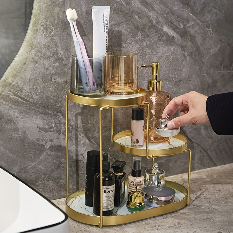 Stylish Gold Tiered Makeup Organizer - Portable, No Assembly Required - Ideal for Both Men and Women