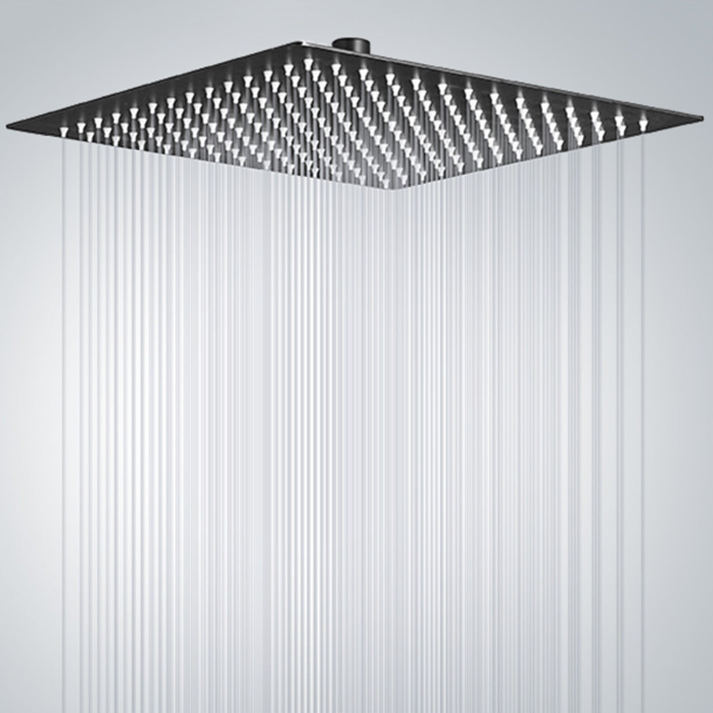 Stainless Steel Square Shower Head in Matte Black with High Pressure, Rust-Proof Design, Hard Water Filter. Available in 20.32cm, 25.4cm, 30.48cm sizes.