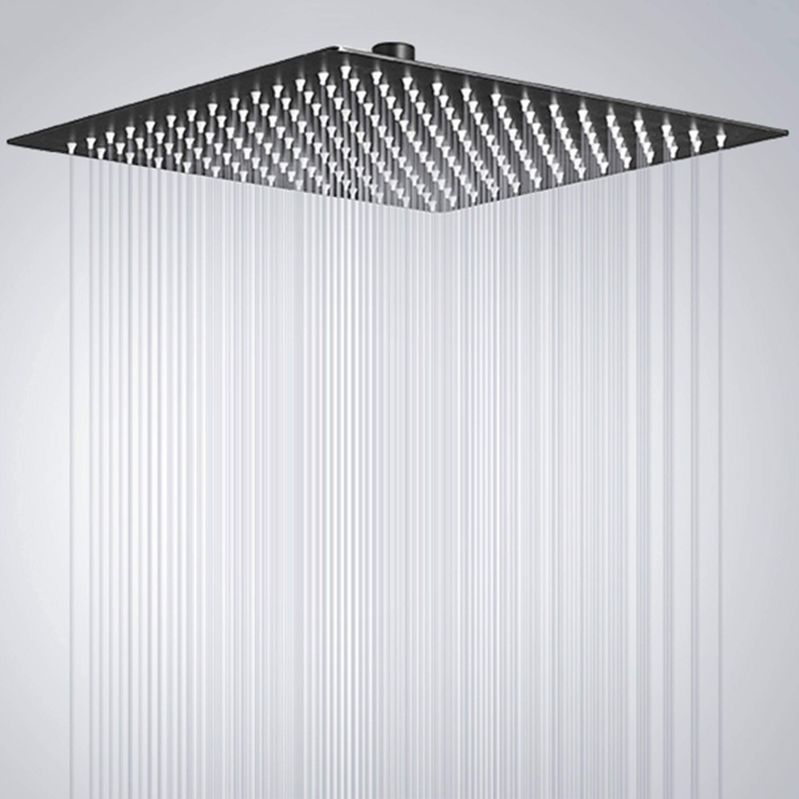 Stainless Steel Square Shower Head in Matte Black with High Pressure, Rust-Proof Design, Hard Water Filter. Available in 20.32cm, 25.4cm, 30.48cm sizes.