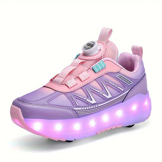 Pink and Purple LED Roller Skate Shoes for Girls with Glow-in-the-Dark Design, Detachable 4-Wheel Skates, Breathable Lining, and Adjustable Closure for Outdoor Fun.