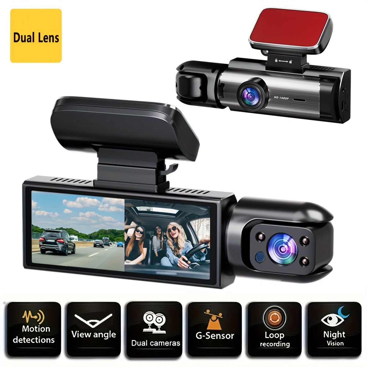 Dual camera dash cam for cars with 1080P resolution, IR night vision, loop recording, wide angle lens, and 8.03 cm IPS screen.