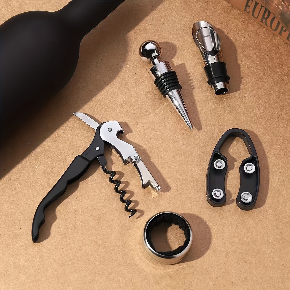 5 piece Creative Red Wine Bottle Opener Tool Set, includes Opener, Foil Cutter, Drip Ring, Pourer, Stopper Kit.