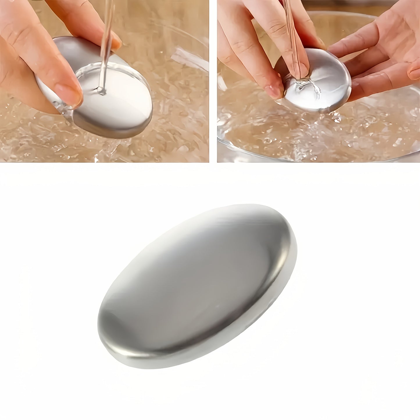 Get rid of unpleasant smells with the 1pc Sleek Oval Stainless Steel Soap. This odor-neutralizing metal bar comes with a black holder, making it perfect for use in your home, kitchen, or bathroom. This durable design is not only practical but also adds a