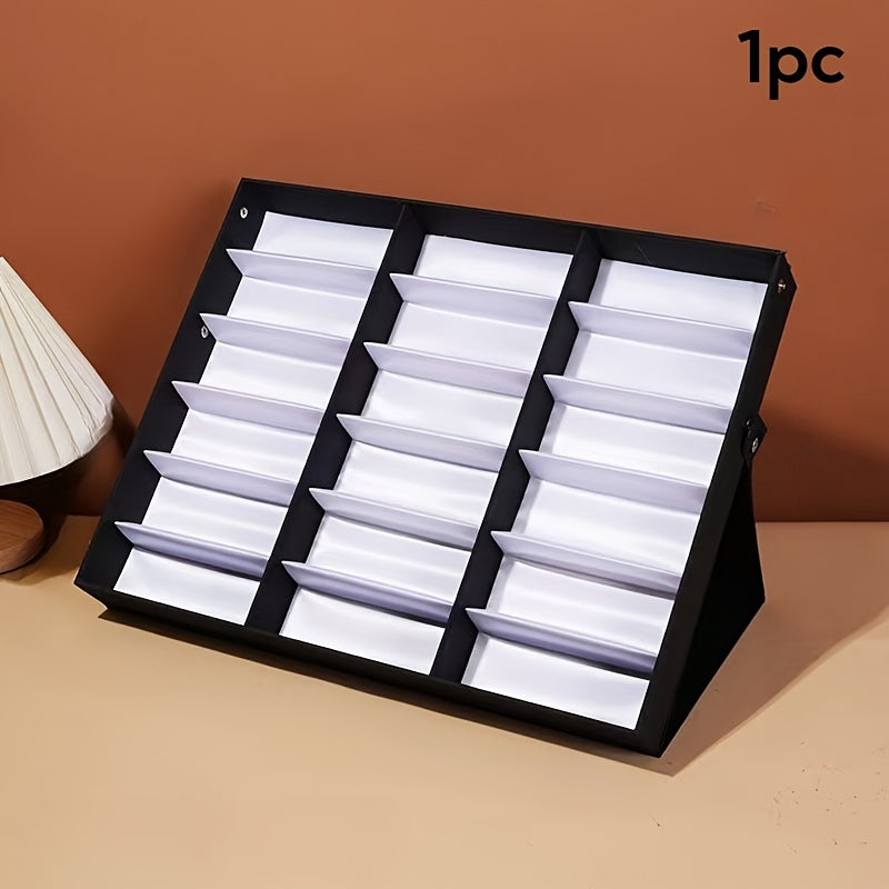 Upgraded 18-slot glasses organizer with clear lid, fabric lining, and snap close. Ideal for displaying glasses in stores.