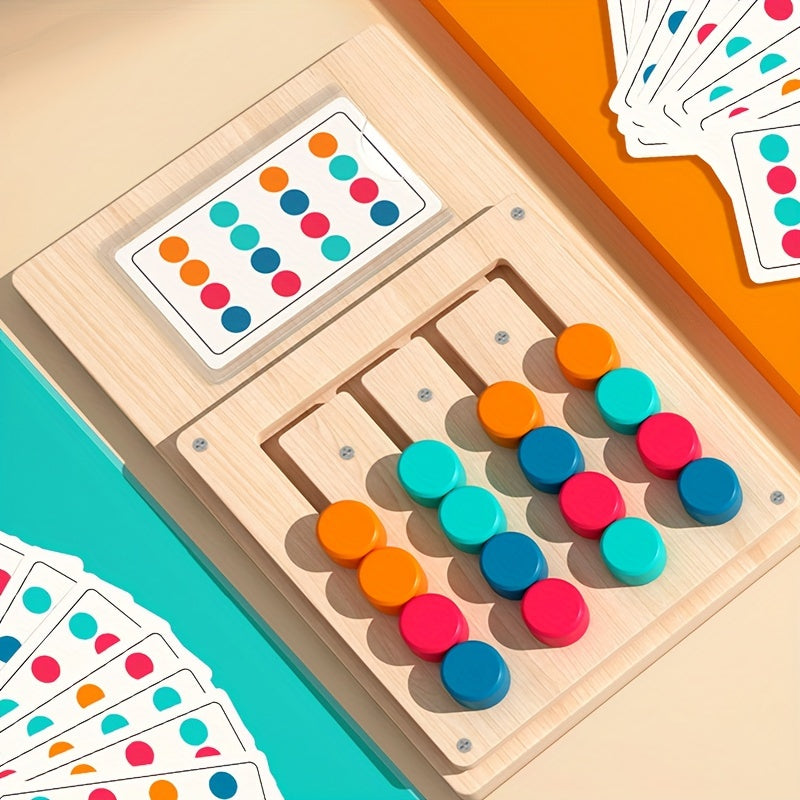 Wooden educational game for youngsters, promoting strategic thinking development and color recognition through four-color card matching. Features vibrant red, green, blue, and yellow pieces.