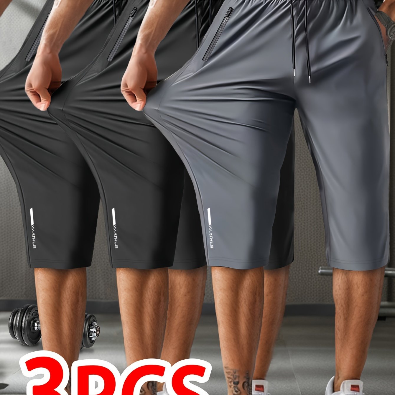 3 Summer Breathable High-Elastic Drawstring Zip Pocket Men's Sports Capri Pants