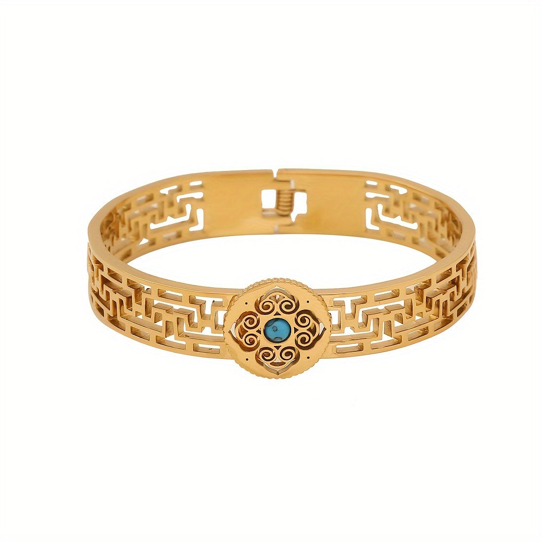 1pc of Vintage Style 18K Golden Plated Stainless Steel Bracelet featuring Turquoise Inlay and Hollow Pattern Design, specially designed for women as a Daily Wear Jewelry piece. This bracelet is the perfect Valentine's Day Gift.