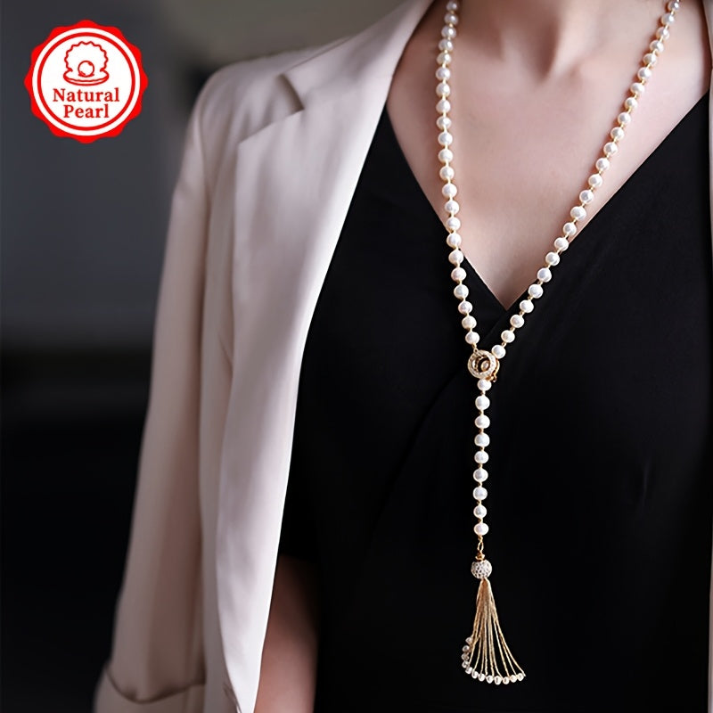 Difei Women's Fashion Pearl Necklace - 85cm/4-9mm Natural Freshwater Pearl Sweater Chain - Gift Box Included - Perfect for Gifting - Each Necklace is Unique with Natural Pearls - Variations in Shapes, Colors, and Patterns