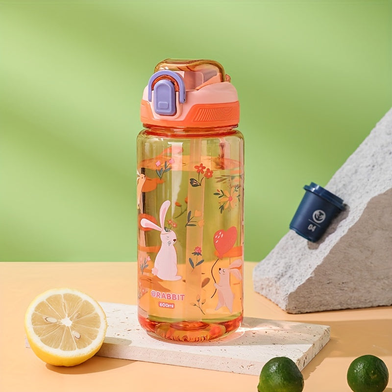 Cartoon water bottle, 21oz/600ml, cute and leak-proof with bouncing lid. Perfect for outdoor sports, camping, school, office, and travel. Essential back-to-school supplies.