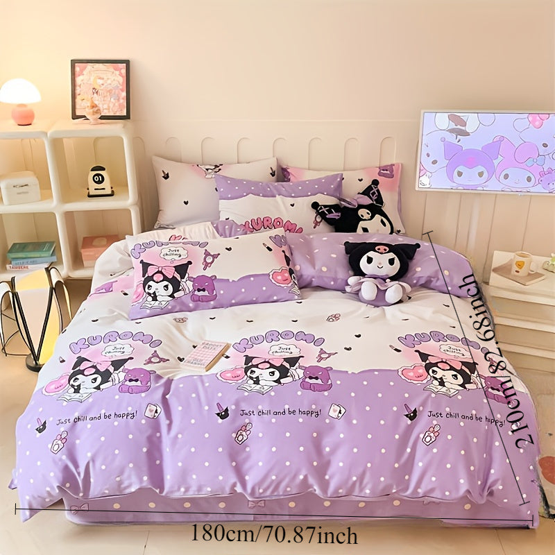 4-piece Sanrio bedding set includes 1 quilt cover, 2 pillowcases, and 1 sheet. Soft, comfortable, and durable. Bedding set measures 200.0cm * 230.0cm and is purple in color. Quilt and