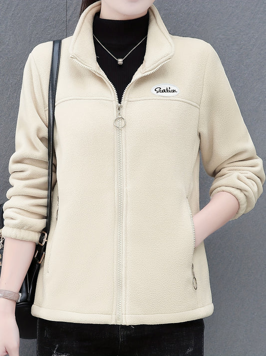 Women's casual fleece jacket with alphabet pattern, stand collar, long sleeves, regular fit, oversized, and zipper detail.