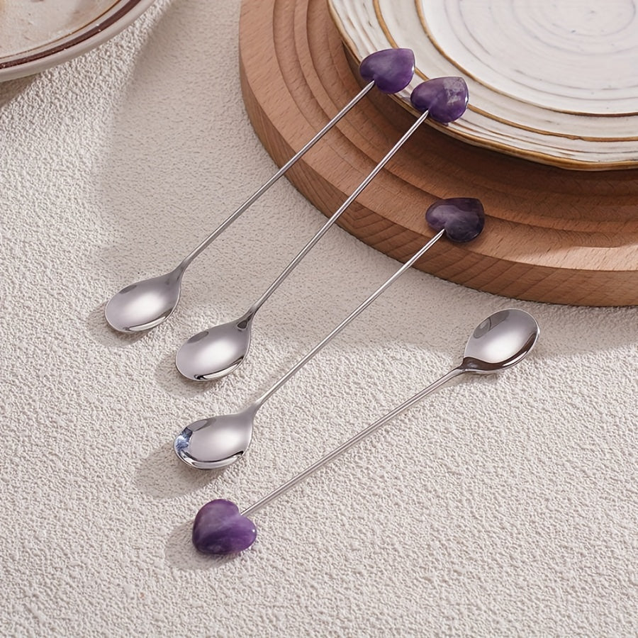 Enhance your dining experience with these exquisite stainless steel spoons featuring beautifully polished natural heart-shaped gemstones. Ideal for adding a hint of opulence to your coffee, tea, desserts, or appetizers. Perfect for special occasions such