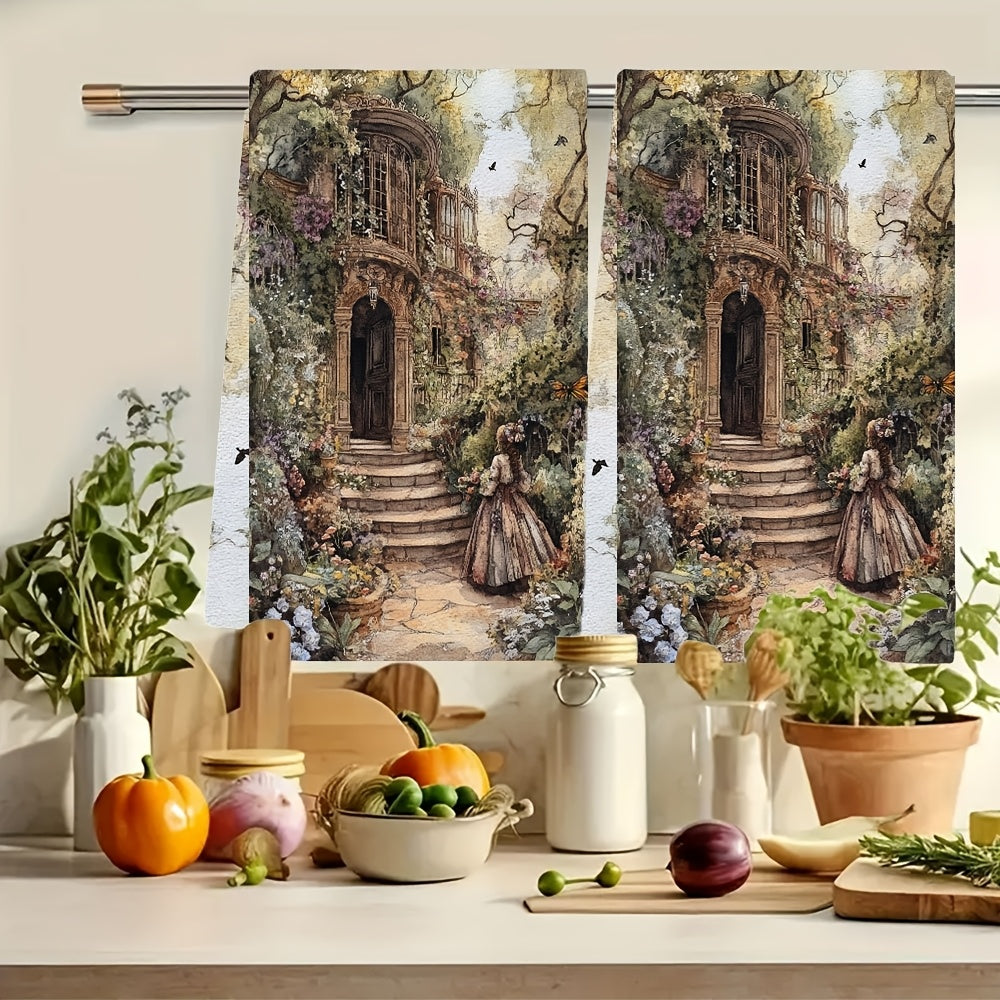 Upgrade your kitchen with a set of 2 ultra-soft towels inspired by the elegant beauty of a Victorian garden. These highly absorbent dish and hand towels are perfect for holiday decorations and are machine washable. Each towel measures 40.64X60.96 cm.