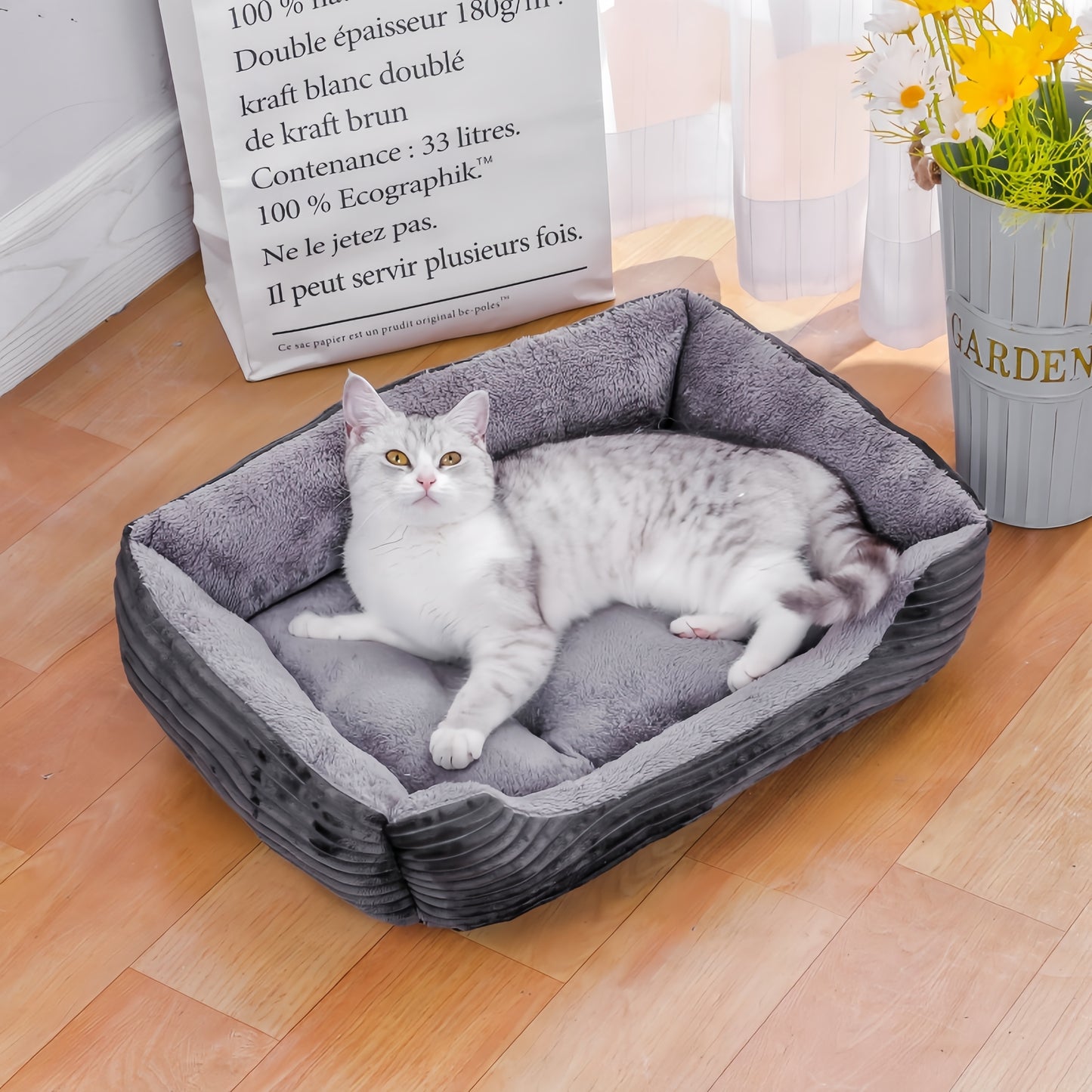 YIWANG Luxury Square Pet Bed, Polyester Fiber, Non-Slip Moisture-Proof, All-Season Warm Dog & Cat Bed for all breeds - Gray XL