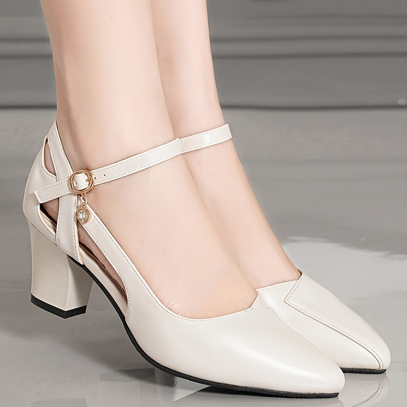 Stylish women's chunky heels with elegant point toe and fashion buckle strap.