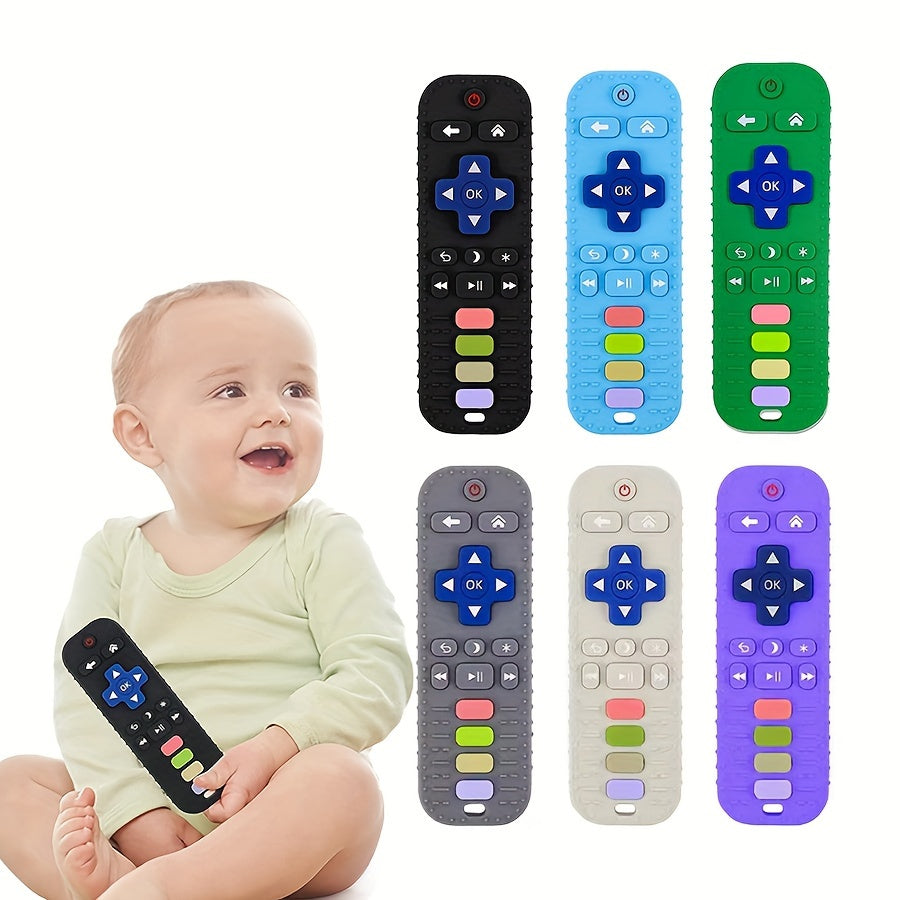 Soft silicone teether designed like a remote control, free of BPA. This baby chew toy is easy to clean and comes in a variety of multi-color options for ages 0-3 years. Comes as a single piece.