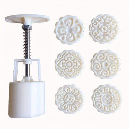 Moon Cake Maker Set with Flower-shaped Mold and 6 Stamps - Create DIY Hand-pressed Cookies for the Mid Autumn Festival with these Pastry Tools, Baking Tools, and Kitchen Gadgets