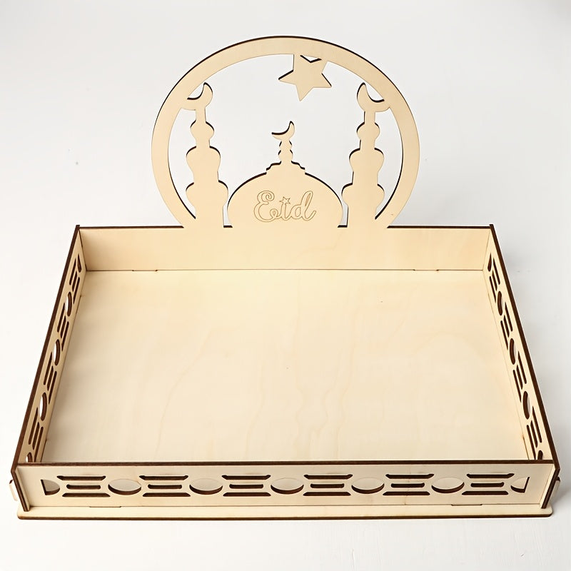 Eid Mubarak wooden dessert tray with moon and star design, ideal for Ramadan decor and Islamic celebrations, no batteries needed.